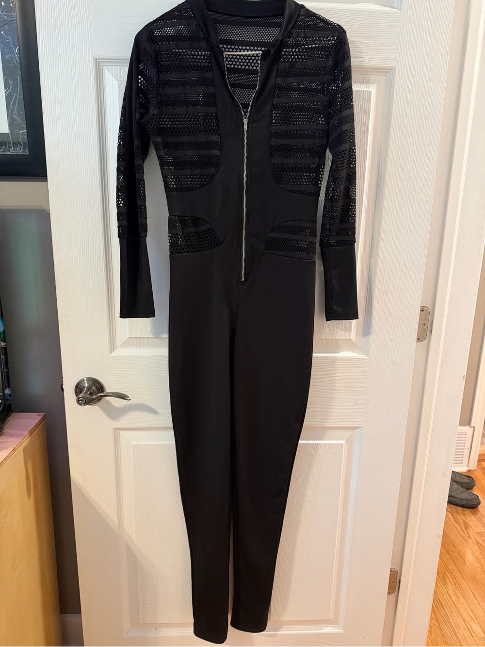 Black Long-Sleeve Mesh Panel Jumpsuit